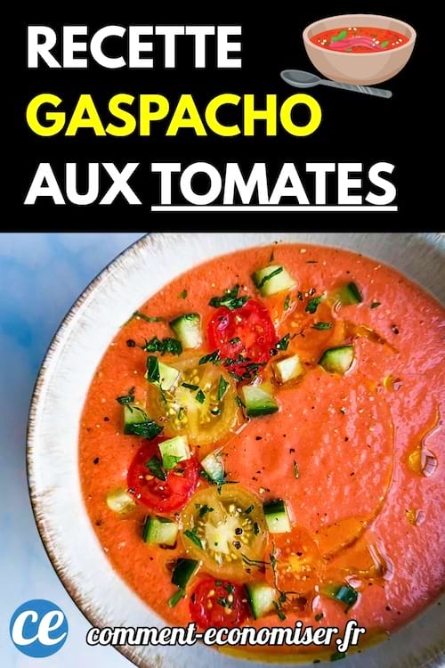 Bol de gaspacho décoré de légumes frais sur une table claire.