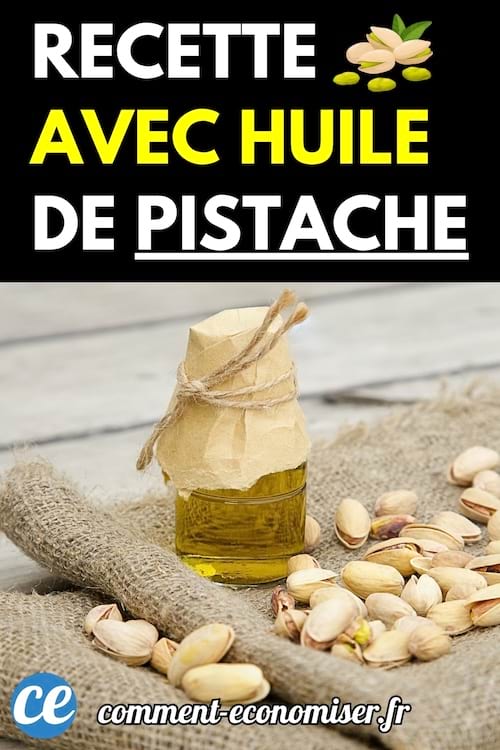 Bouteille d’huile entourée de pistaches sur une toile de jute.