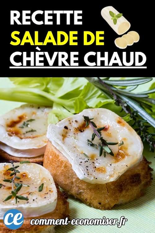 Tranches de fromage de chèvre fondues sur du pain grillé, accompagnées d’herbes fraîches et de feuilles de salade.