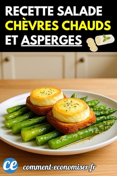 Assiette de salade avec asperges vertes et tranches de fromage de chèvre chaud sur pain grillé.