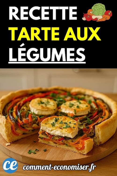 Une tarte colorée aux légumes avec des rondelles de fromage sur le dessus, posée sur une planche en bois.