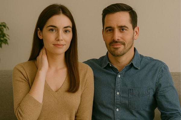 Le couple fixe l’objectif avec une expression calme et sérieuse.