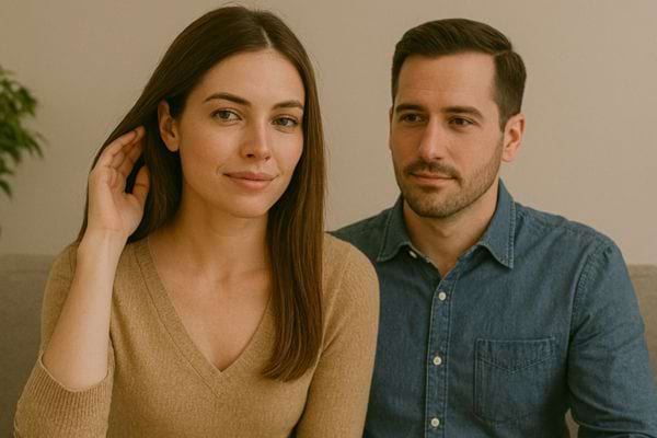 La femme regarde l’objectif en souriant, l’homme reste en arrière, attentif.