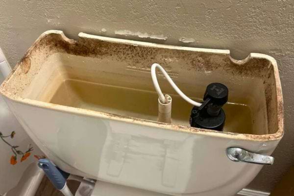 Réservoir jauni avec moisissures sur les parois.