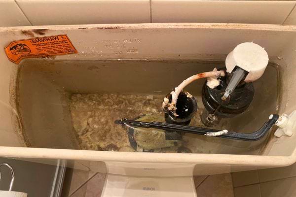 Réservoir très encrassé avec dépôts calcaires importants.