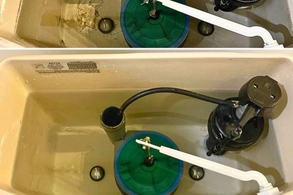 Réservoir de WC avant et après nettoyage au vinaigre blanc.