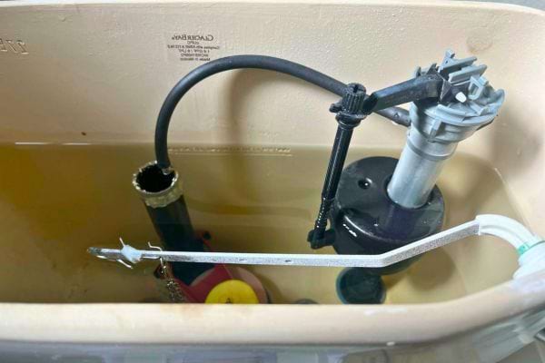 Réservoir rempli avec mécanisme de chasse visible.