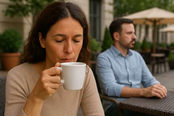 Femme boit un café, l’homme semble distant et préoccupé.