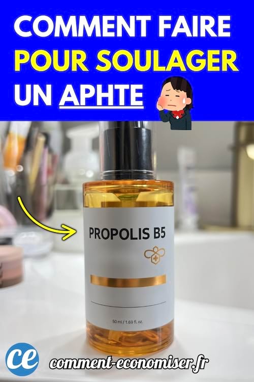 Flacon de propolis B5 sur un lavabo de salle de bain, entouré d’objets de toilette.