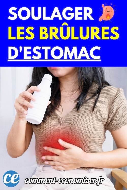 Une femme tenant une bouteille blanche et posant la main sur son ventre, avec une zone rouge simulée.