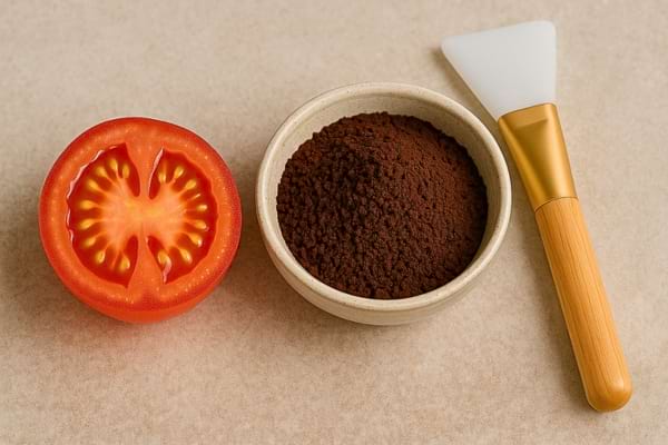 Une tomate est avec du marc de café et une spatule.