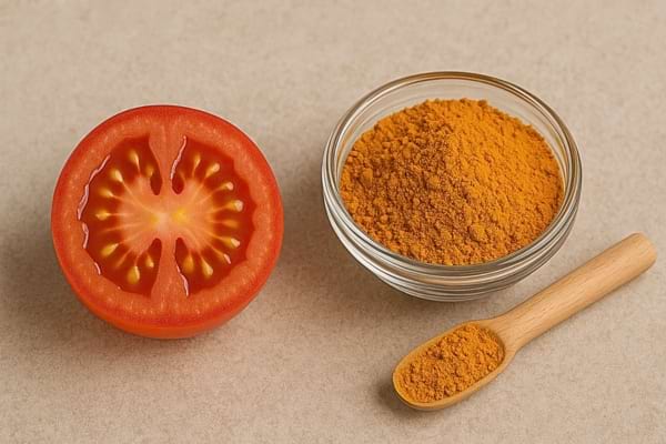 Une tomate est associée à du curcuma en poudre.