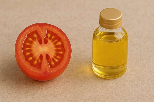 Une tomate est à côté d’une fiole d’huile de vitamine.