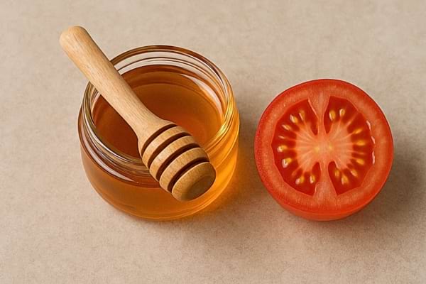 Une tomate est posée près d’un pot de miel.