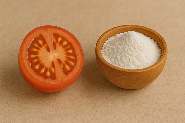 Une tomate est placée à côté de poudre de riz.