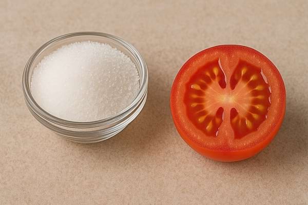 Une tomate est à côté d’un bol de sucre.