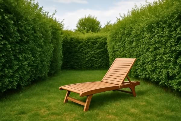 Un transat vide est posé dans un jardin entouré de haies.