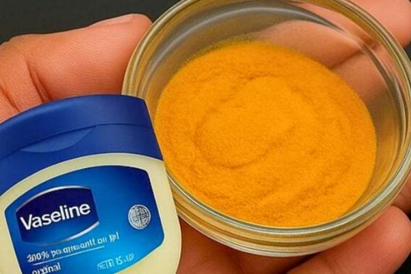 Main tenant un pot de vaseline et un bol de curcuma.