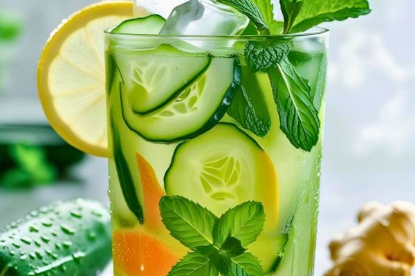 Verre glacé de boisson detox avec rondelles de citron et concombre.