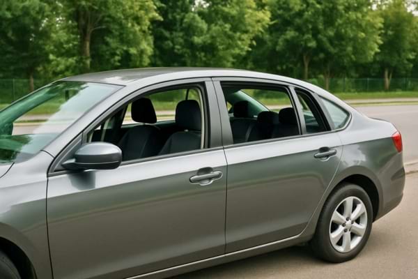 Voiture grise avec vitres entrouvertes stationnée près d’un parc.