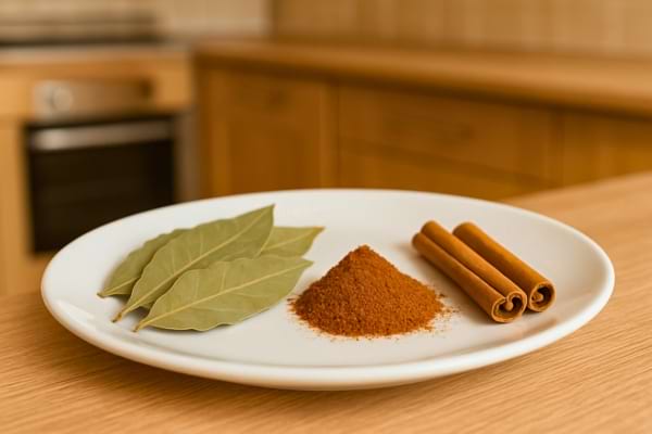 Une assiette blanche avec des feuilles de laurier, de la cannelle en poudre et en bâtons.