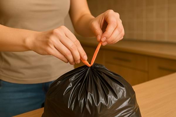 Une personne ferme soigneusement un sac-poubelle noir avec un lien orange.