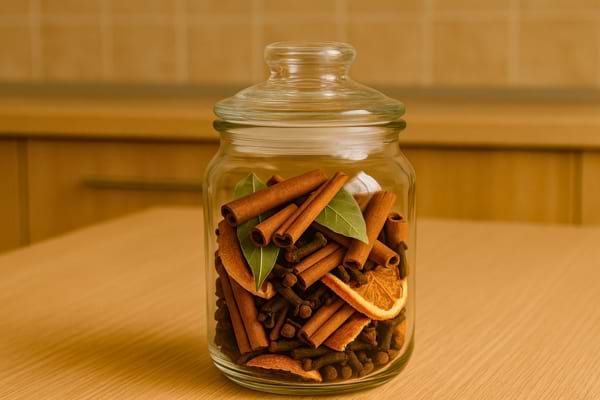Un bocal en verre contient des bâtons de cannelle, feuilles de laurier, clous de girofle et tranches d’agrumes.