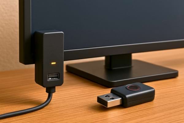 Un adaptateur USB est connecté à un écran, prêt à recevoir une clé ou un autre accessoire.