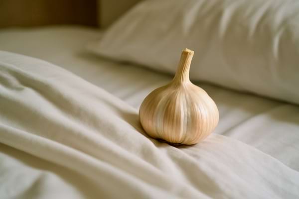 Une tête d’ail repose seule sur un lit aux draps blancs immaculés.