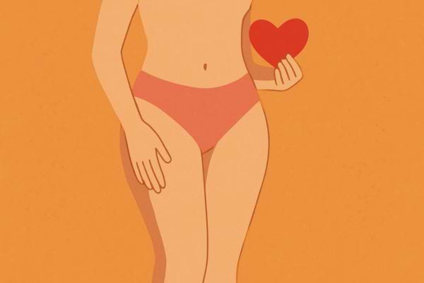 Femme en sous-vêtements tenant un cœur avec douceur.