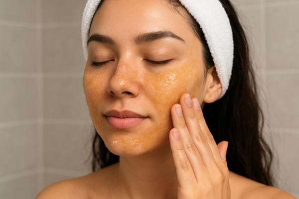 La femme applique un masque granuleux au miel sur sa joue.