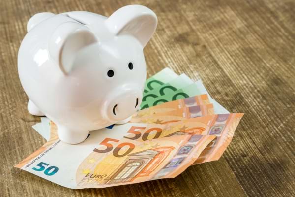 Une tirelire en forme de cochon posée sur des billets en euros.