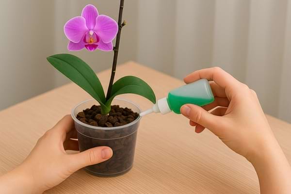 Une main verse de l’engrais liquide dans le pot d’une orchidée en fleurs.