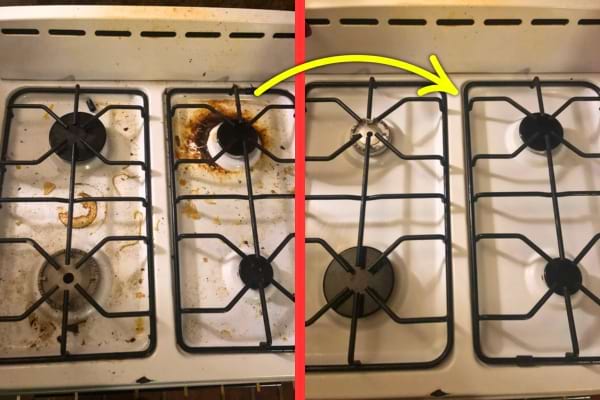 Une cuisinière sale à gauche, propre à droite après nettoyage.