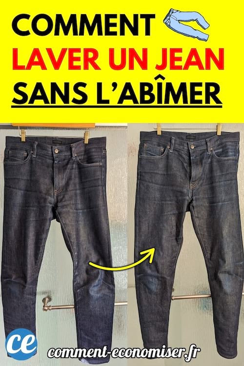 Deux jeans suspendus à des cintres, l’un visiblement plus propre que l’autre.