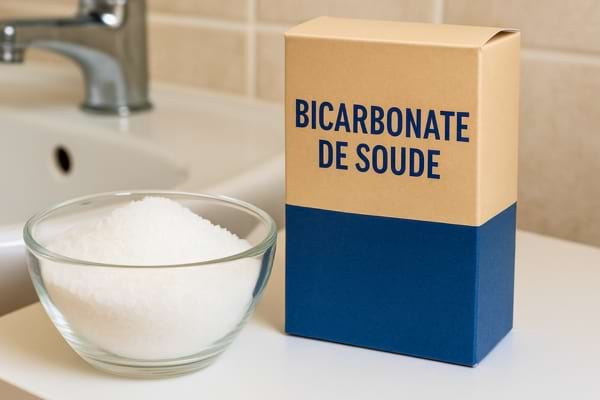 Bol de bicarbonate de soude devant une boîte posée sur un meuble de salle de bain.