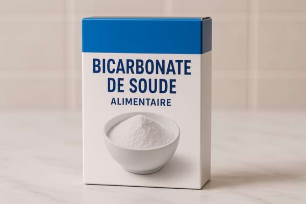 Boîte de bicarbonate de soude alimentaire posée sur un plan de travail.
