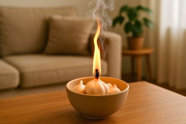 L’ail brûle dans un bol avec une grande flamme au centre.