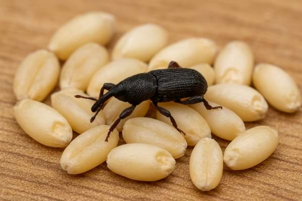 Charançon noir sur des grains de blé.