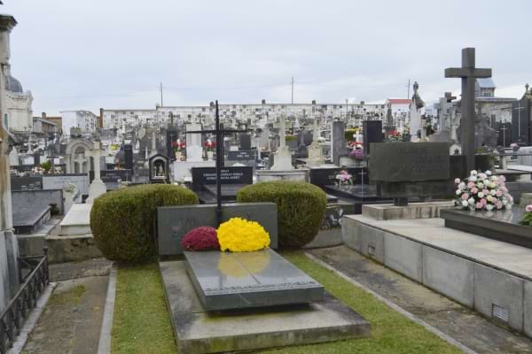 Une tombe fleurie dans un cimetière rempli de stèles en pierre.