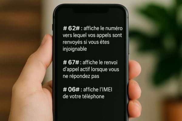 Écran listant des codes utiles comme #62#, #67#, et #06#.