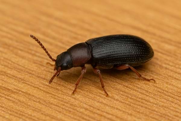 Coléoptère noir allongé marchant sur bois.