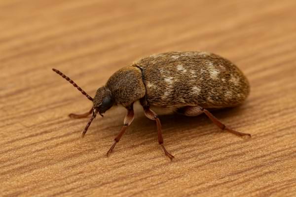 Coléoptère brun tacheté avec antennes recourbées.