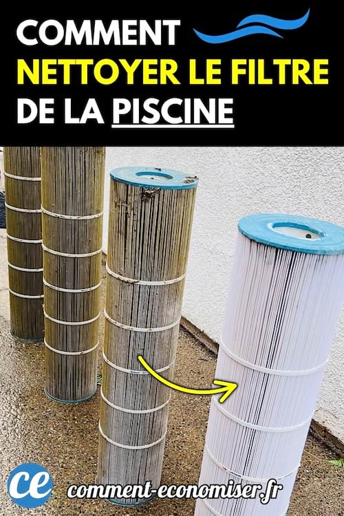 Plusieurs filtres de piscine posés verticalement, allant d’un état très sale à propre.