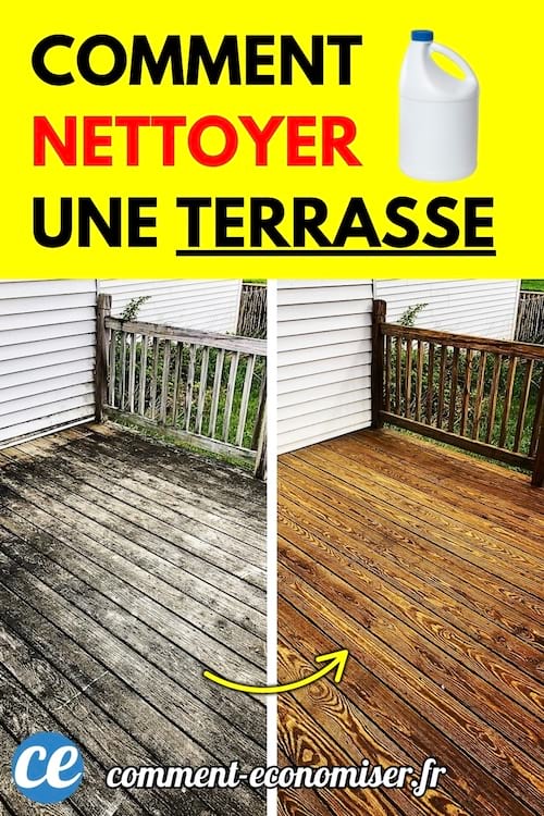 Comparaison avant/après du nettoyage d'une terrasse en bois très sale d’un côté et entièrement propre de l’autre.