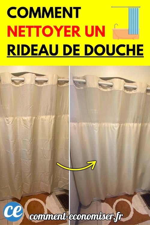 Un rideau de douche sale à gauche et propre à droite, suspendu dans une salle de bain. 