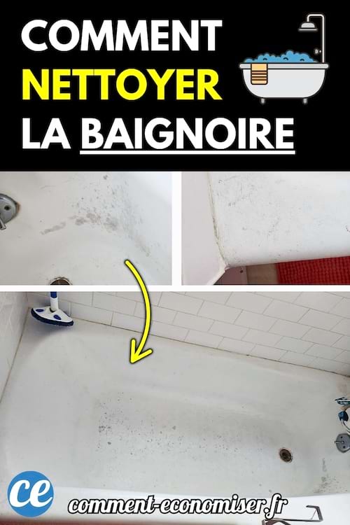 Baignoire blanche tachée avant et après nettoyage, avec une brosse bleue posée sur le rebord.