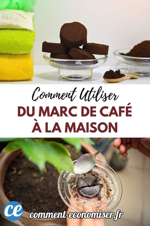 Un bol contenant du marc de café est tenu au-dessus d’un pot de plante verte, tandis qu’une cuillère est en train de verser le contenu.