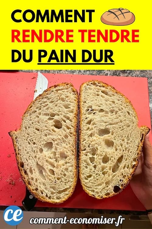 Pain tranché en deux sur une planche rouge, avec un couteau à côté.