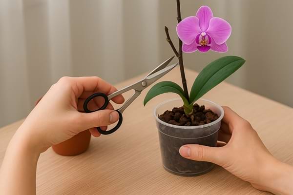 Une personne coupe une tige sèche sur une orchidée violette en pot.